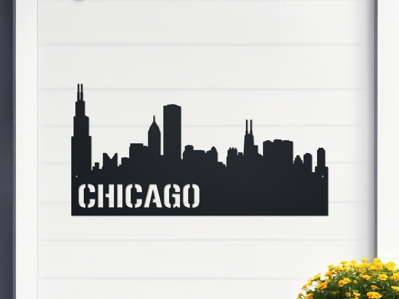 Black metal silhouette of Chicago skyline with 'Chicago' text on a white background
