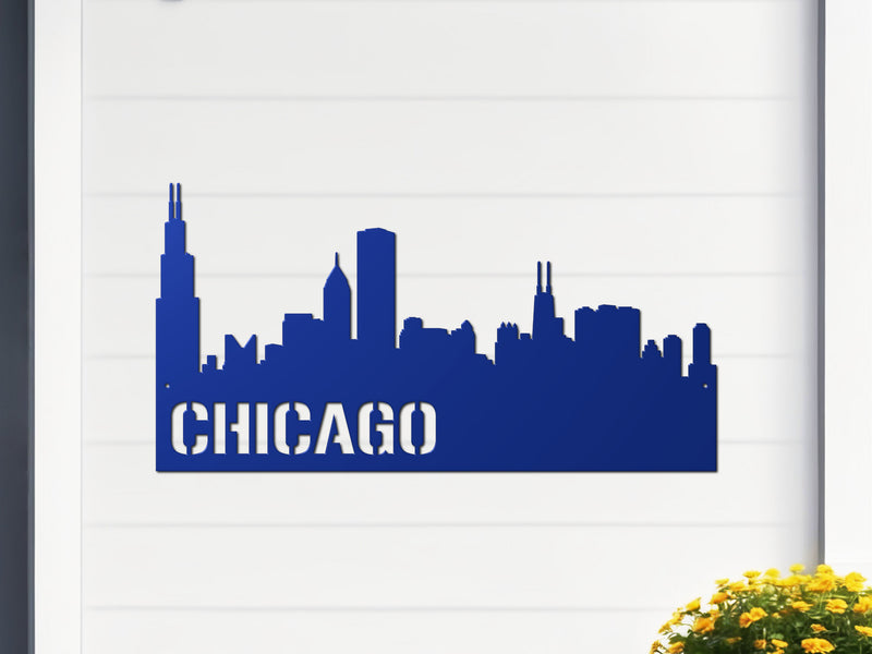 Blue metal sign of Chicago skyline with 'CHICAGO' text on a white background