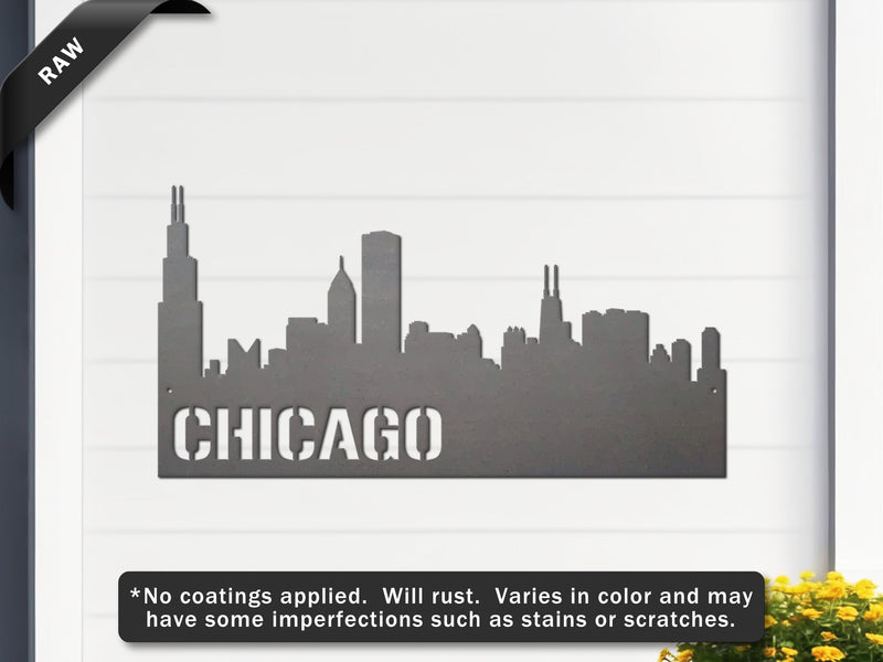 Raw metal sign of Chicago skyline with 'CHICAGO' text on a white 