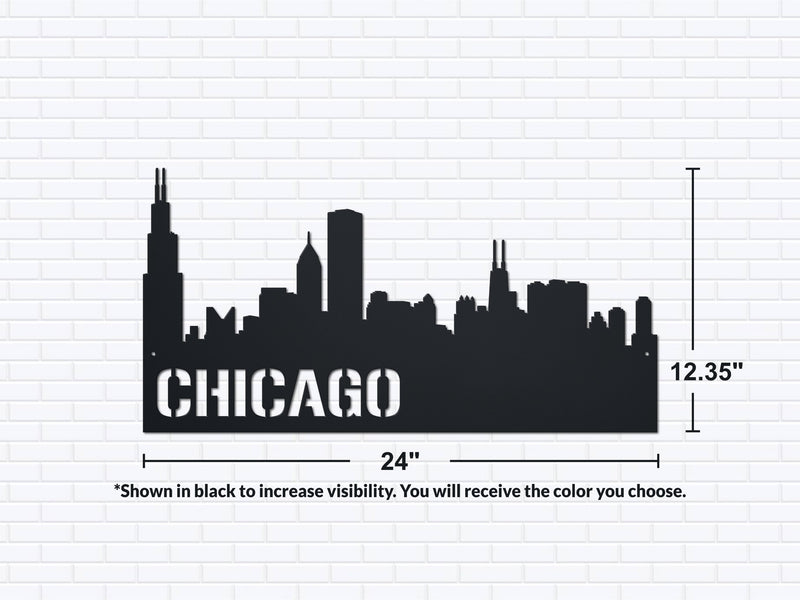 Black silhouette of Chicago skyline with dimensions on a white background