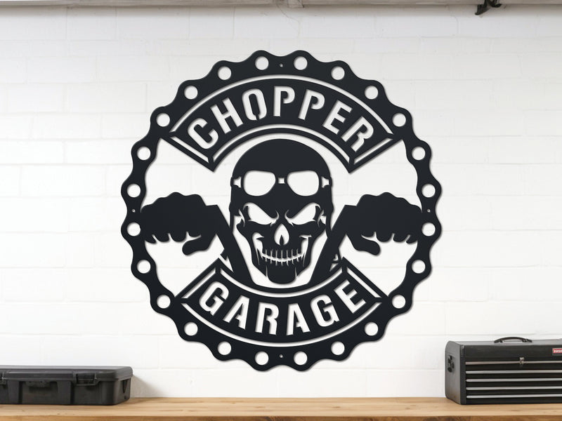 Black Chopper Garage metal sign – biker wall art with skull and handlebars