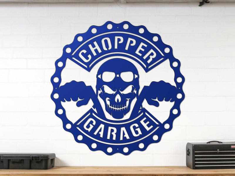 Blue Chopper Garage steel sign – motorcycle gift for bikers