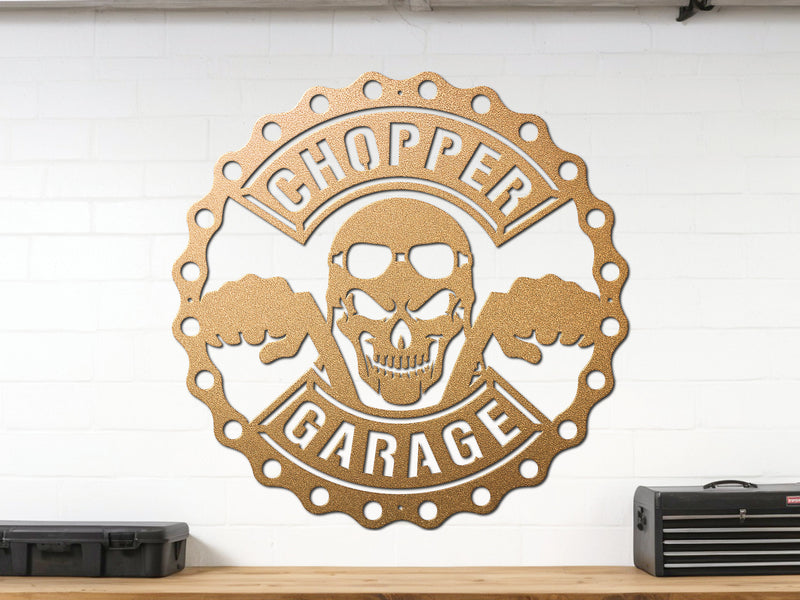 Gold Chopper Garage steel art – biker gift for garage or man cave
