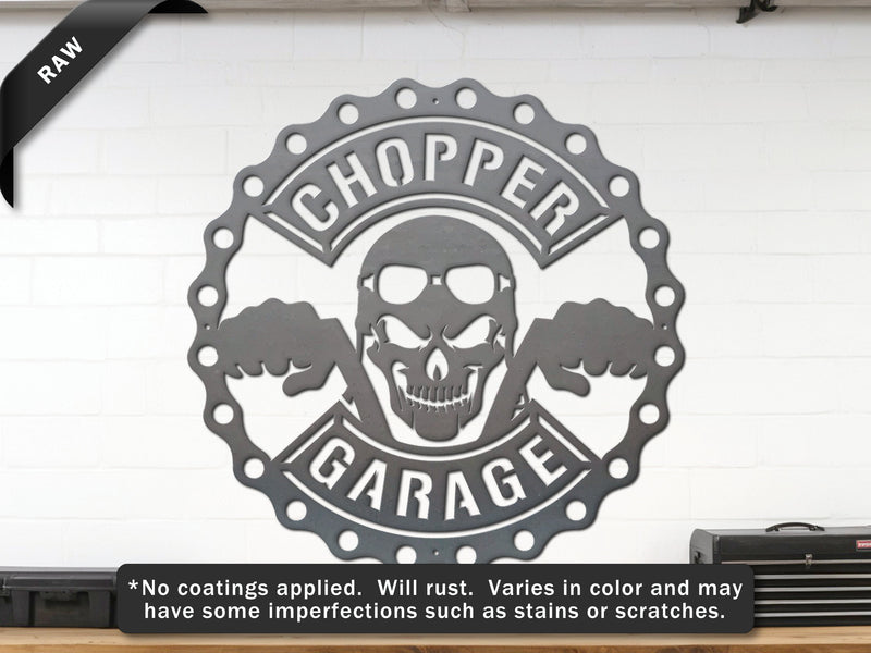 Raw Steel Chopper Garage wall décor – rugged unfinished skull sign