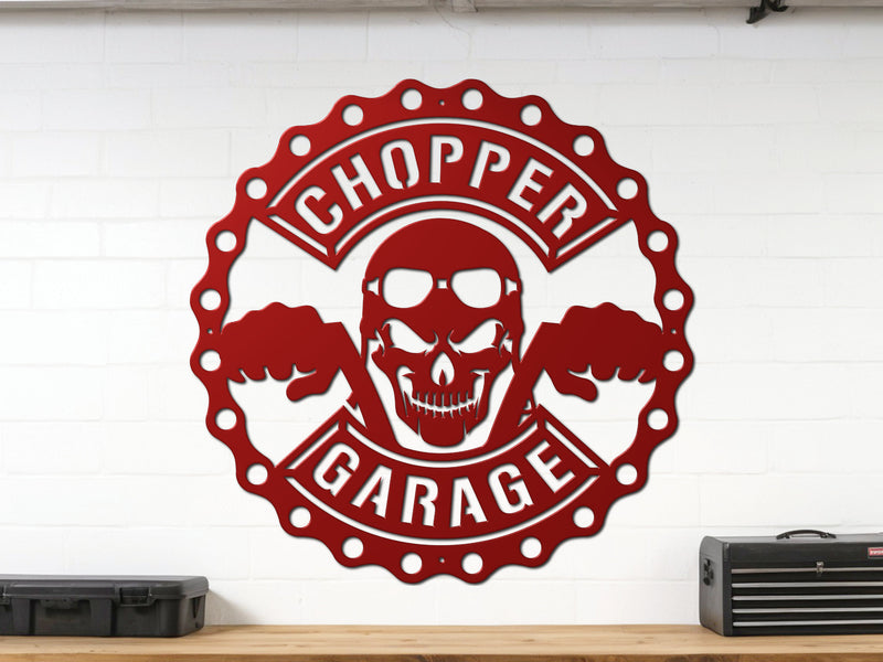 Red Chopper Garage wall art – bold skull garage décor for riders