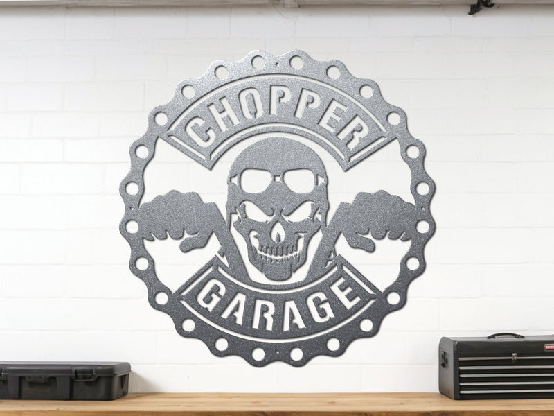 Silver Chopper Garage metal décor – modern motorcycle shop sign