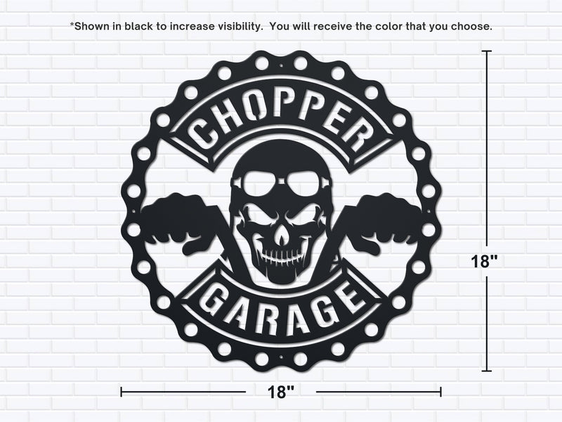 Chopper Garage logo with skull and crossed pipes design on a white background