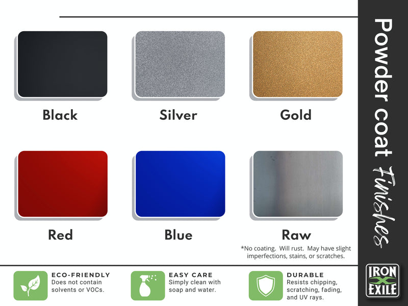 Color swatches for powder coat finishes including black, silver, gold, red, blue, and raw with Iron Exile branding