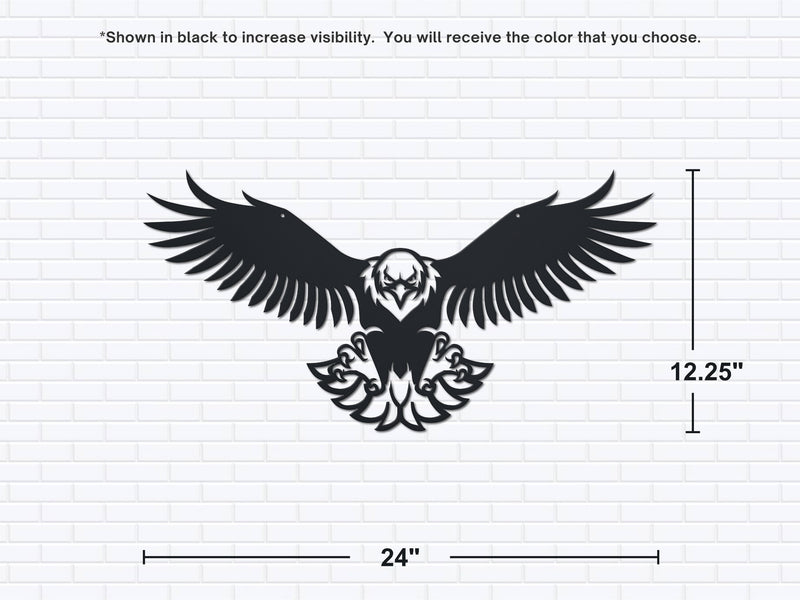 Black silhouette of an eagle with dimensions on a white background