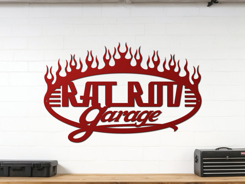 Red powder coated garage wall sign reading Rat Rod Garage with flames