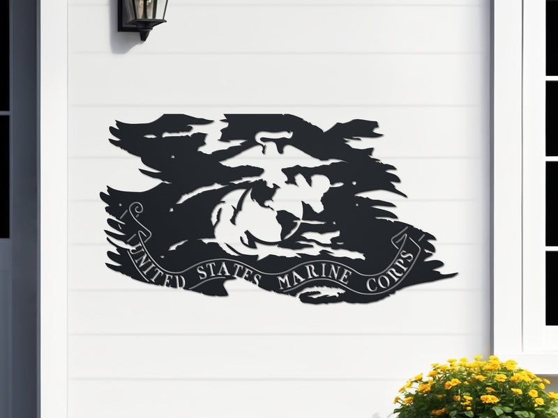 Black USMC tattered flag metal wall art with Eagle Globe Anchor, 24x12.75, made in USA.