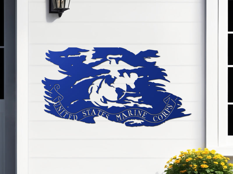 Blue USMC tattered flag metal wall art with Eagle Globe Anchor, 24x12.75, made in USA.