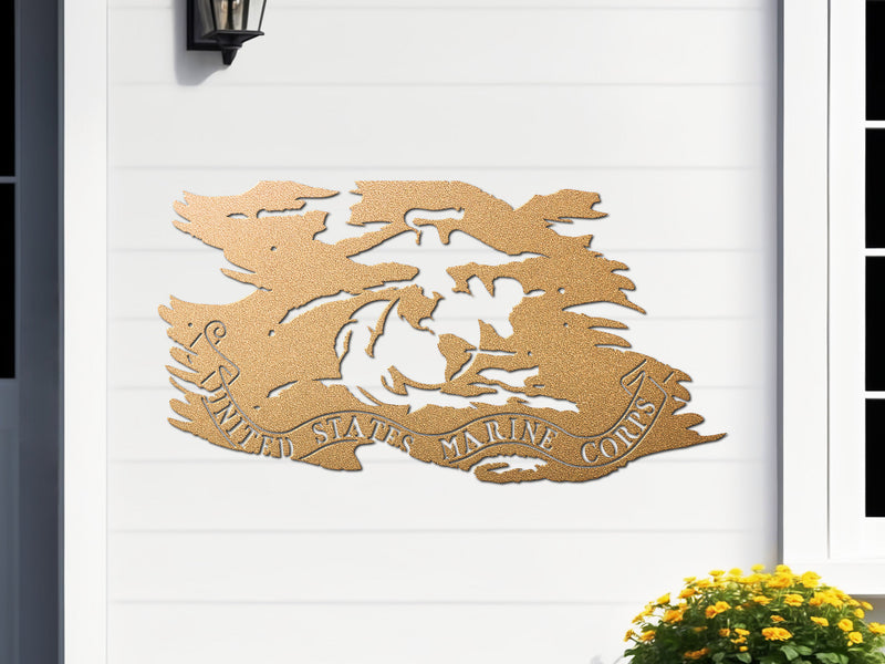 Gold USMC tattered flag metal wall art with Eagle Globe Anchor, 24x12.75, made in USA.