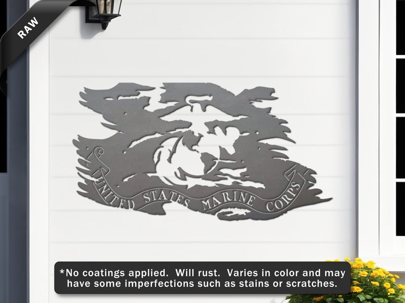 Raw steel USMC tattered flag metal wall art with Eagle Globe Anchor, 24x12.75, made in USA.