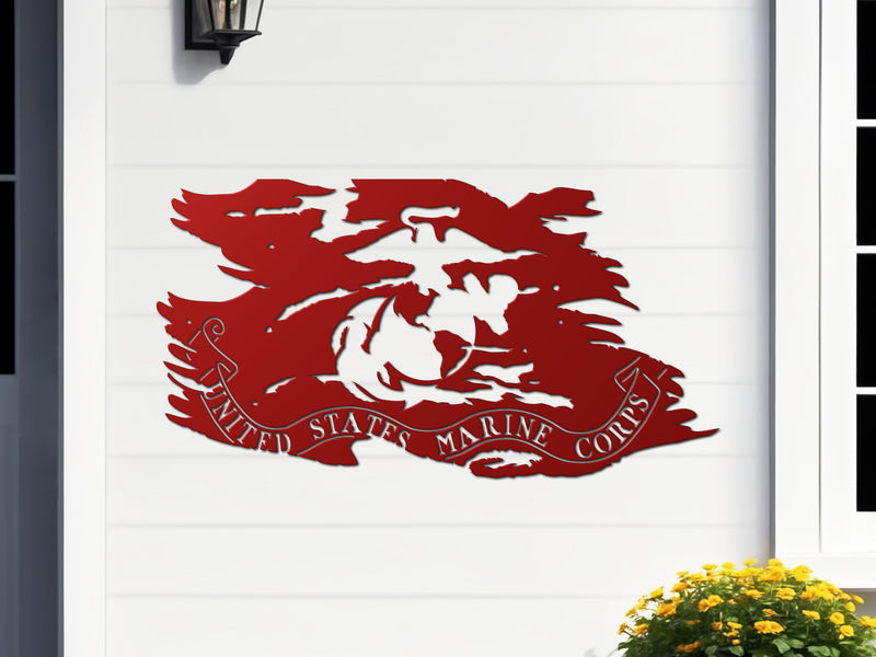 Red USMC tattered flag metal wall art with Eagle Globe Anchor, 24x12.75, made in USA.