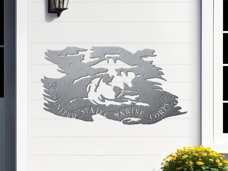 Silver USMC tattered flag metal wall art with Eagle Globe Anchor, 24x12.75, made in USA.