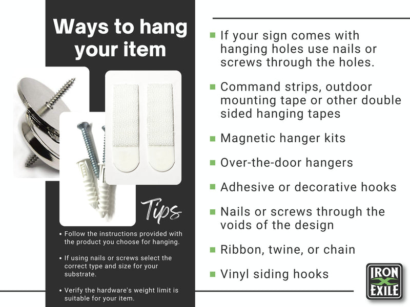 Instructions on various ways to hang an item with examples and text